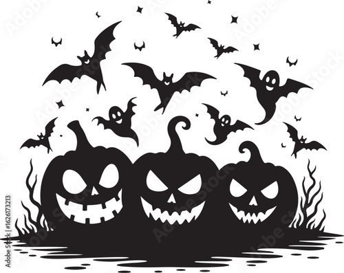 Spooky Halloween pumpkins, bats, and ghosts create a festive holiday scene