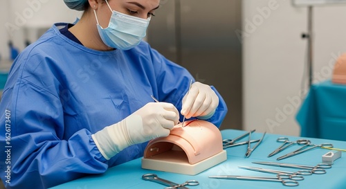Medical Student in Blue Scrubs Practices Suturing on a Training Mannequin with Surgical Tools in a Well Lit Laboratory Setting