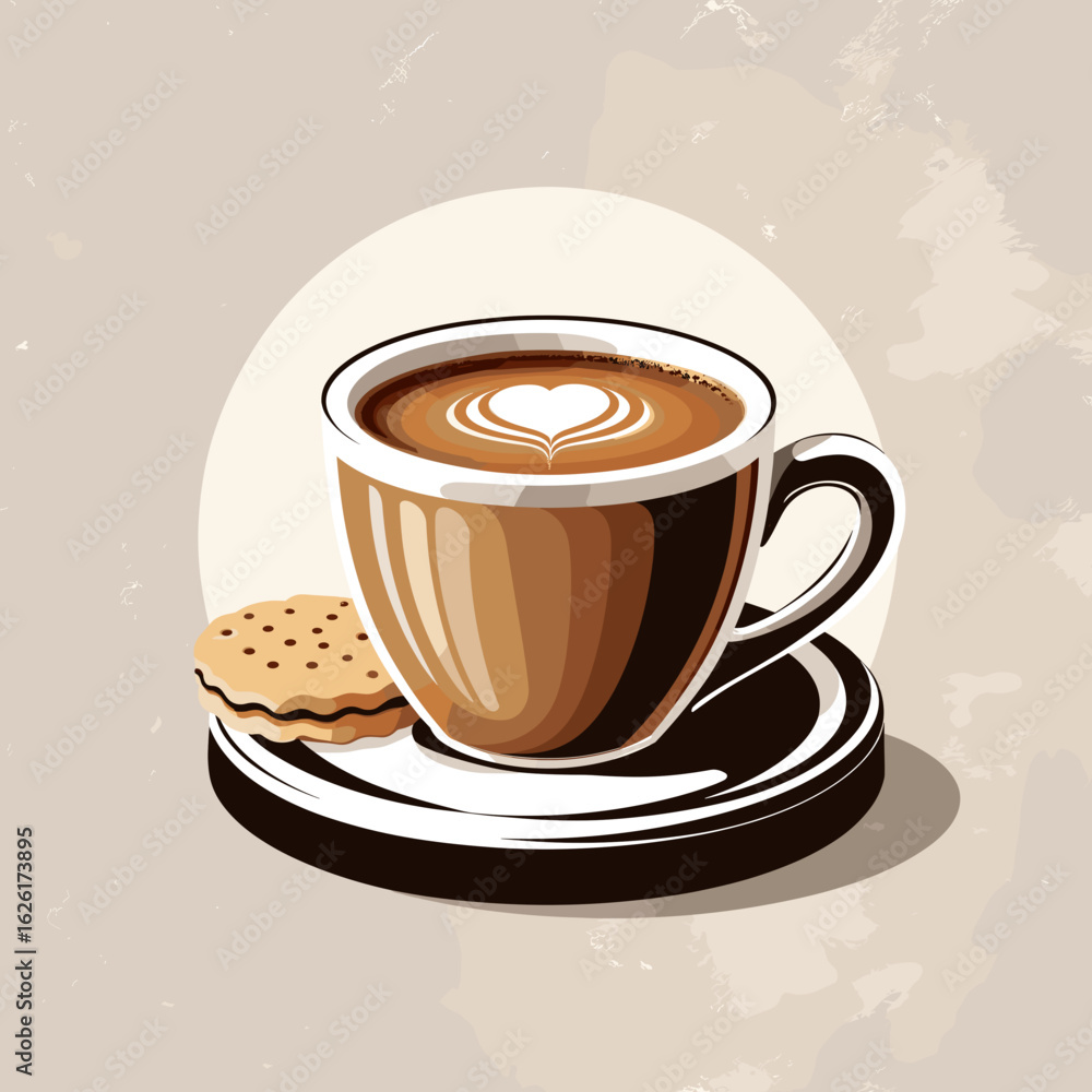 Obraz premium Coffee cup with heart latte art and cookie on saucer 