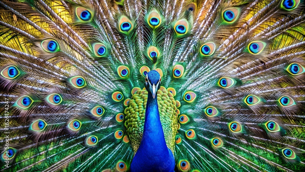 Obraz premium Majestic Peacock Display: Vibrant, Detailed Close-up of a Male Indian Peacock's Plumage