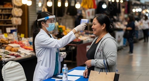 Medical Worker Checks Woman's Temperature at Crowded Market Stall with Protective Gear Amidst Bright Overhead Lighting and People in the Background