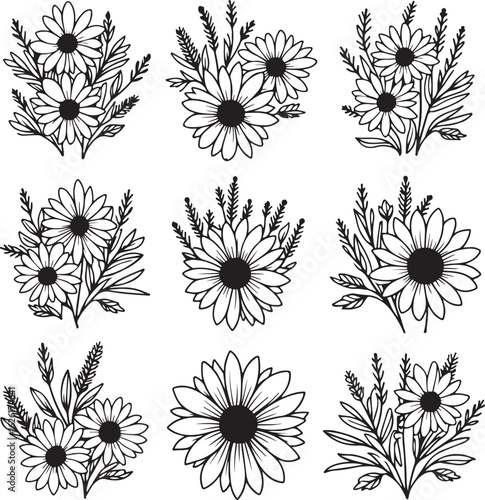 Charming floral line art bouquets bring natural beauty to your designs
