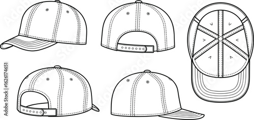 Baseball cap technical flat sketch, vector outline drawing, front, back, side, top view, detailed sportswear hat template