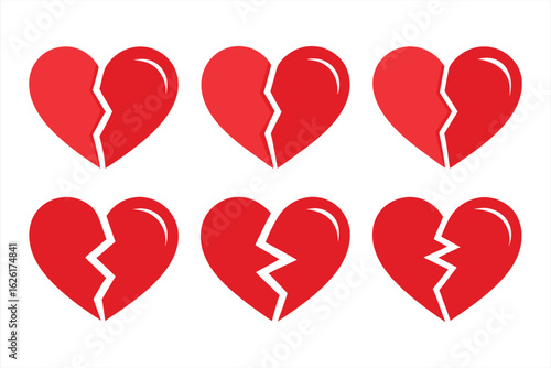Six red broken heart icons arranged in two rows, representing heartbreak and relationship issues