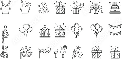 Celebration and party icon set, black line festive symbols, birthday elements, gift box, fireworks, champagne, balloons, hat