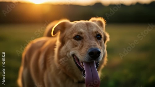 Happy golden dog panting at sunset in a blurry field