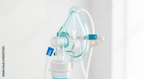 Oxygen Mask Detailed View Transparent Plastic Medical Equipment with Teal Accents on White Background for Respiratory Therapy and Healthcare Support