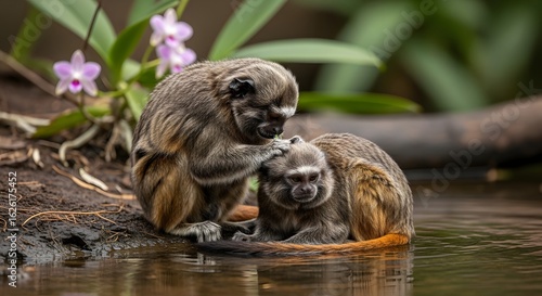 Two tamarin monkeys sharing an intimate grooming moment by a jungle pond surrounded by lush foliage and orchids