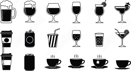 Collection of drink and beverage icons including coffee cups, wine glasses, soda cans, cocktails, vector illustration, bar design set