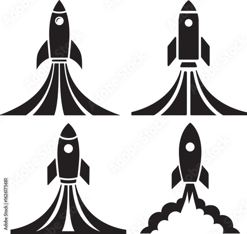 Four stylized rocket launch icons with smoke trails in black and white