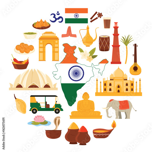 Circular design showcasing Indian culture with traditional landmarks, food, symbols, and heritage items like Taj Mahal, spices, and musical instruments. Vibrant vector illustration for cultural themes