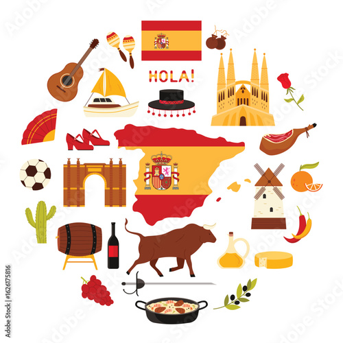 Flamenco dancer shoes and fan, bull and bullfighter hat, soccer ball and paella cartoon vector illustration. Spanish culture elements and architecture, famous food of Spain in round infographic banner