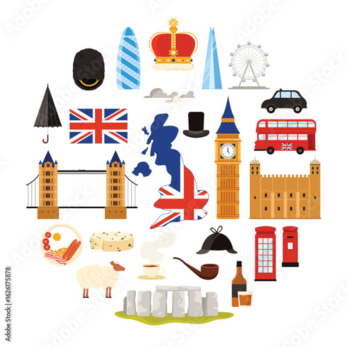 Landmarks and free symbols of culture and independent Ukraine round banner design. Fortress and church of Kyiv, wheat and sunflower, bandura and village house in circle cartoon vector illustration