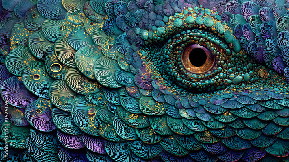 Obraz premium Mesopotamian Mythology・Tiamat’s Scales | Overlapping Dark Green Scales with Chaos Energy Vortices, Mother-of-Pearl Sheen, Primordial Chaos Relic Art