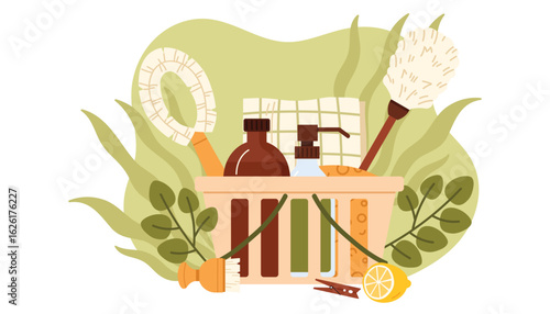 Eco friendly and natural cleaning products in wooden basket. organic detergents in glass bottles, household supplies with biodegradable materials in box to clean home cartoon vector illustration