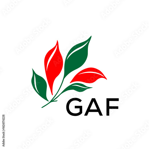GAF Modern Nature Inspired Logo with Red and Green Leaves, GAF Later Logo, Abstract Botanical Logo with Elegant Typography
