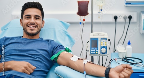 Smiling Male Blood Donor in Blue Shirt Donating Blood With Medical Equipment and Light Blue Bed in Hospital Setting