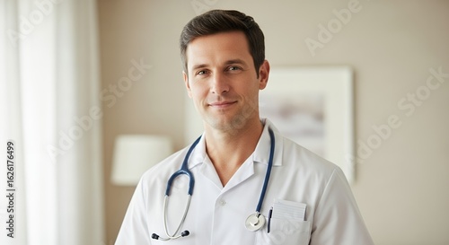 Smiling Male Nurse with Stethoscope Wearing White Coat Posing Against Beige Background in a Professional Healthcare Setting Warmly Lit