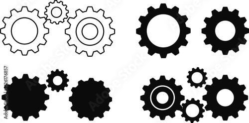 Set of mechanical gear icons, cogwheel vector illustrations, black and outline gears, system settings, technical design elements for interfaces