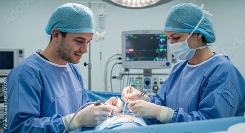 Surgical Team in Blue Scrubs Performing Surgery in a Brightly Lit Operating Room with Modern Medical Equipment and Sterile Environment