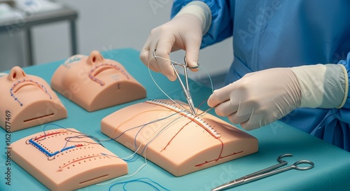 Suture Training on Medical Dummies with Gloved Hands in a Sterile Blue Draped Environment Showcasing Surgical Precision and Skill Development