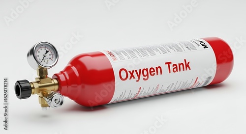 Vivid Red and White Oxygen Tank with Pressure Gauge Displayed on a Clean White Background in Bright Studio Lighting