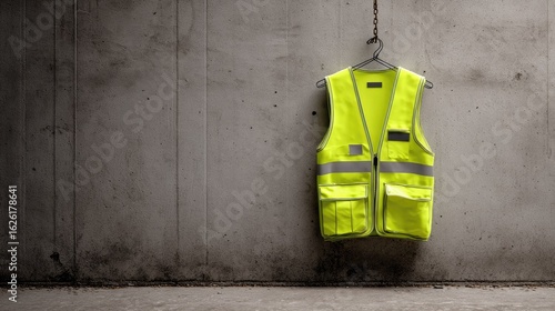 Bright yellow safety vest hangs on gray wall