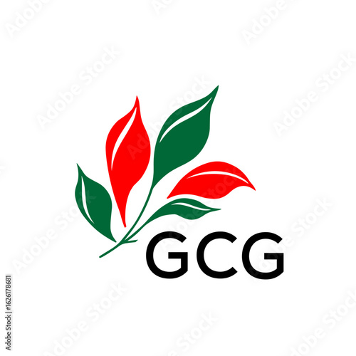 GCG Modern Nature Inspired Logo with Red and Green Leaves, GCG Later Logo, Abstract Botanical Logo with Elegant Typography
