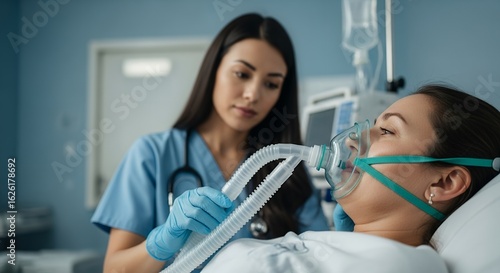 Worried Patient on Hospital Bed Connected to Respirator Attended By Nurse in Blue Scrubs in Bright Clinical Setting With Medical Equipment and Saline Drip