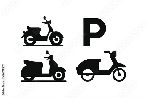 Collection of black silhouette icons featuring scooters and a parking sign, symbolizing urban mobility and transportation options