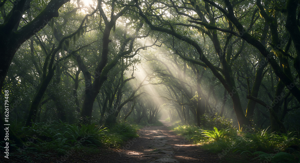 Obraz premium Sunlight streams through lush forest canopy onto winding path