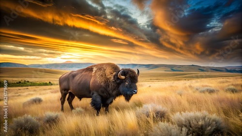 Majestic Bison at Golden Hour: Dramatic Sunset over Rolling Plains