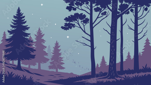 Dark blue and purple pine forest at night with stars