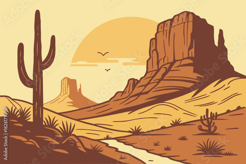 Desert landscape with saguaro cactus and mesas vector