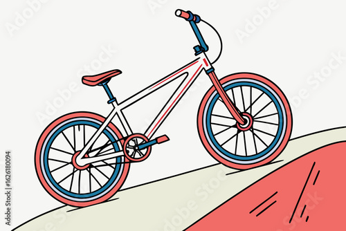 Red blue and white bicycle on abstract terrain bike