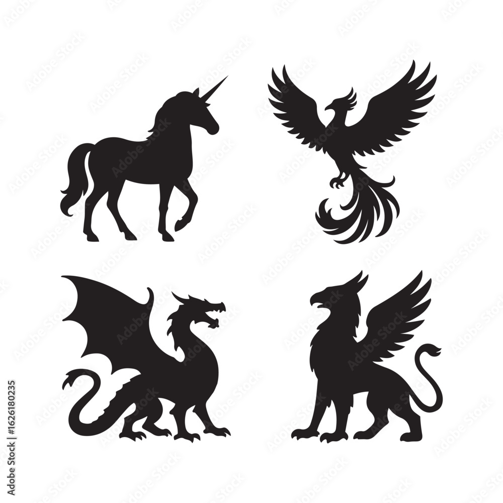 Fototapeta premium Fantasy Animal Silhouettes in Solid Black