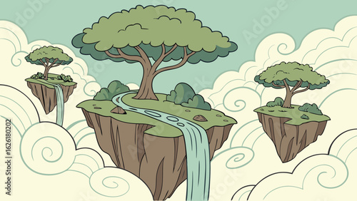 Three floating islands with trees and waterfalls in the sky