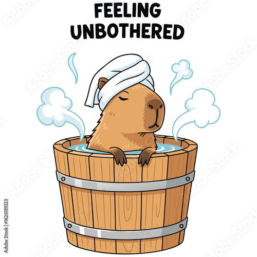 Relaxed capybara in hot tub vector illustration with text Feeling Unbothered
