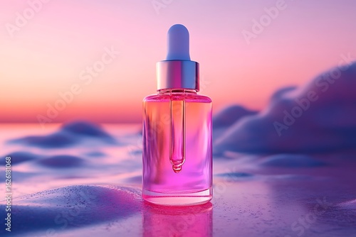 Glowing Serum Bottle on a Pastel Horizon