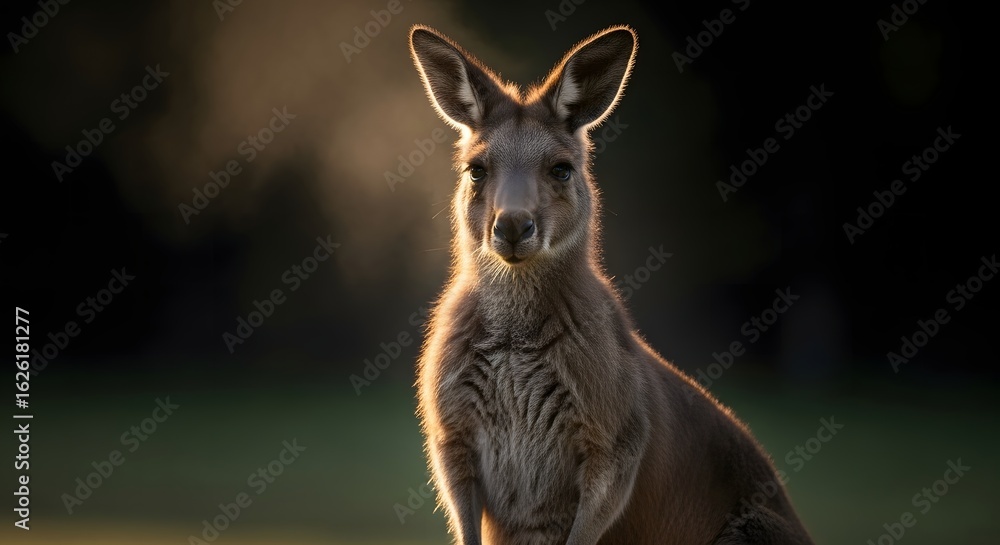Fototapeta premium An iconic Australian kangaroo is beautifully backlit by the warm, golden light of sunrise, creating a majestic rim light effect.