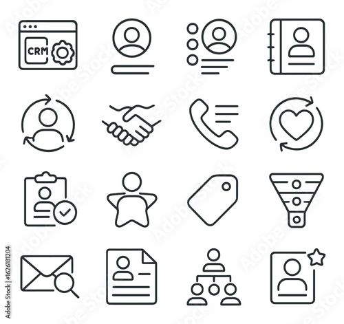 Crm linear icon set. includes user, contacts, phone, heart, clipboard, tag, funnel, email, document.