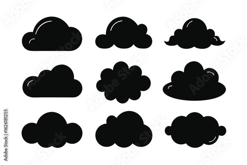 Collection of nine stylized black cloud icons, each with a unique shape and outline, set against a clean white background, perfect for weatherrelated designs and digital illustrations