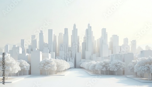 Fototapeta Naklejka Na Ścianę i Meble -  Clean 3D rendering city landscape with white buildings, trees. Modern architecture skyscrapers, urban design, featuring bright, futuristic city skyline perfect for business conceptual graphics.