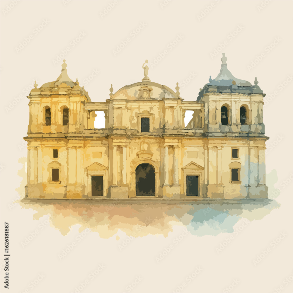 Fototapeta premium Cathedral of Leon Nicaragua in water color style