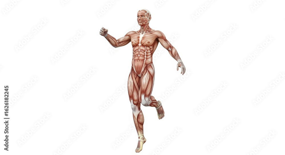 Anatomical representation of a male figure showing muscles and tendons in motion on a white background Anatomical representation of a male figure showing muscles and tendons in motion on a white background