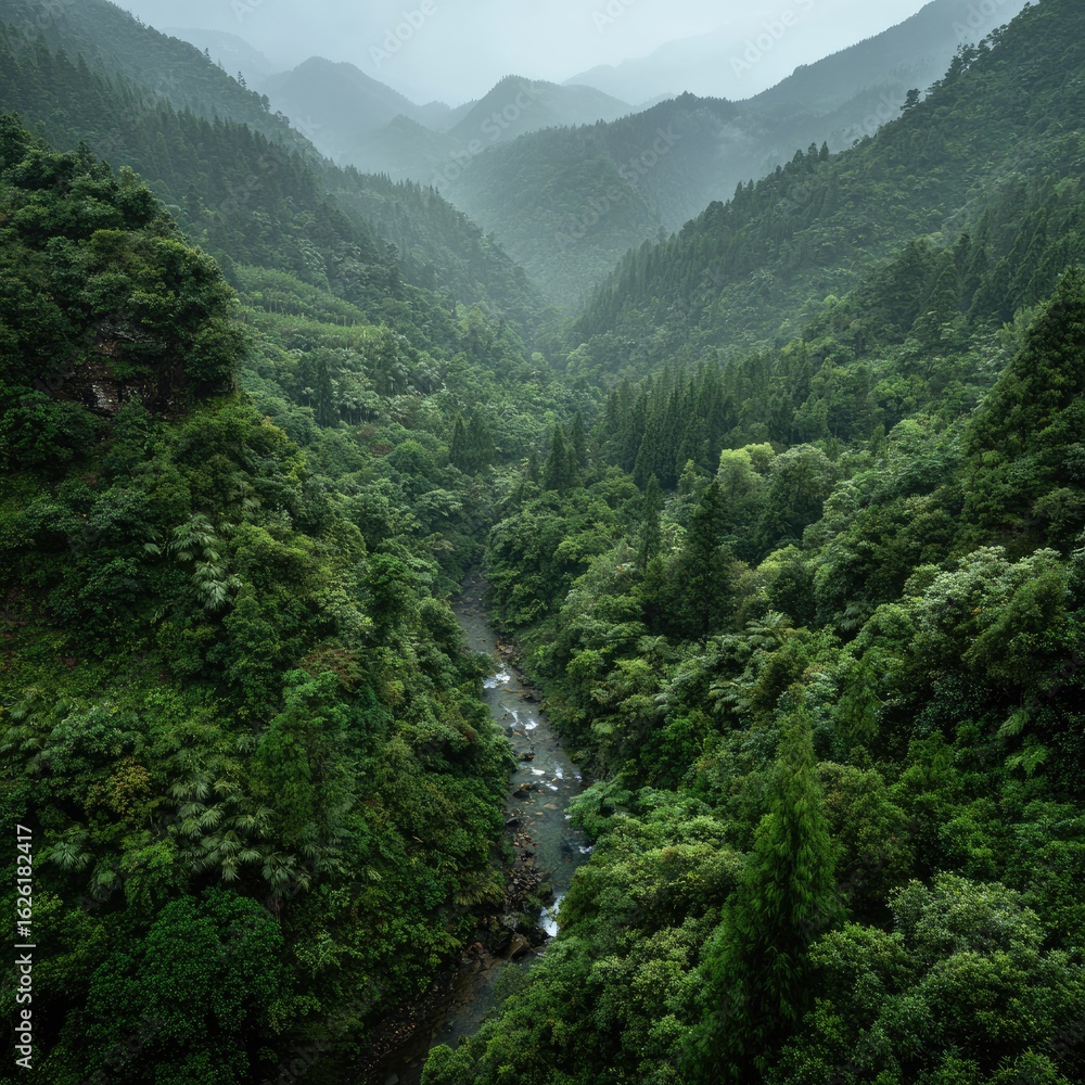Obraz premium Lush valley, misty mountains