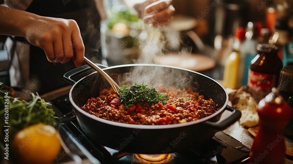 Obraz premium Steaming Dark Red Meat Sauce Cooking in Black Pan