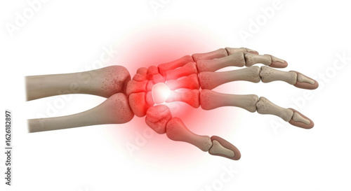 A skeletal hand with red glowing area around the wrist indicating pain or inflammation on white background