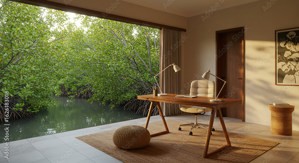 Naklejka premium Modern workspace with lush greenery view and natural light