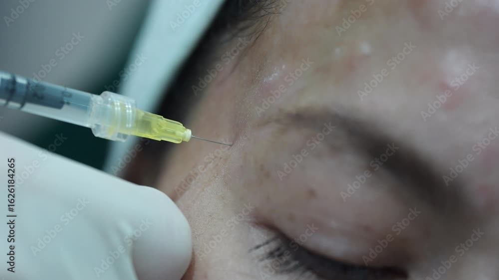 Close up of Asian woman receiving anti-wrinkle injection for crow's ...